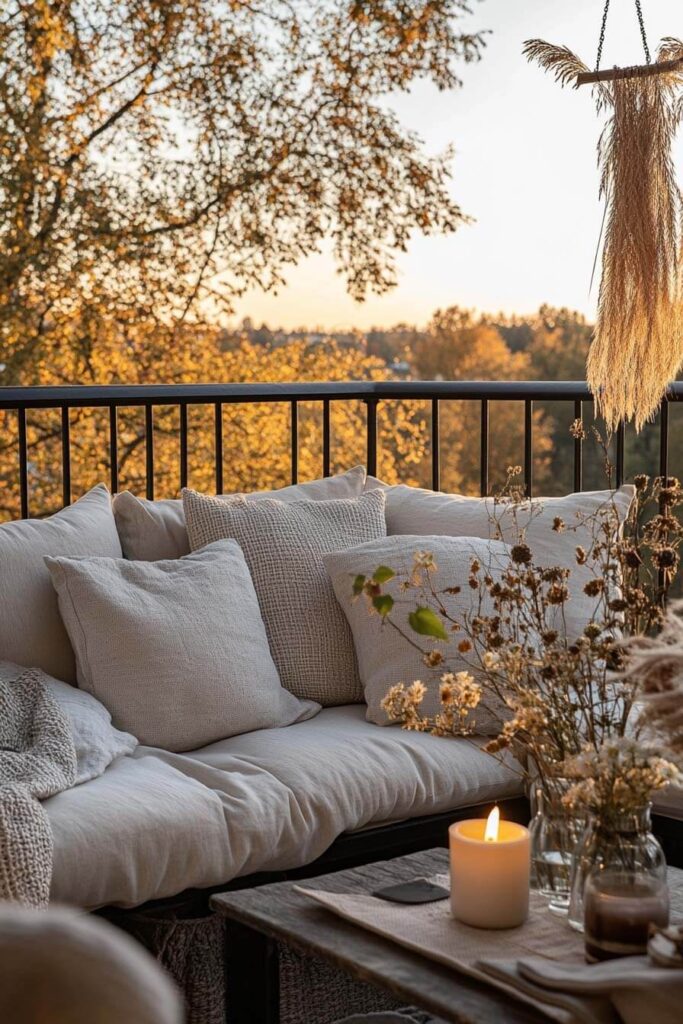 Cozy fall balcony with neutral cushions, knit throw, dried flowers, and candlelight, overlooking golden autumn trees at sunset.