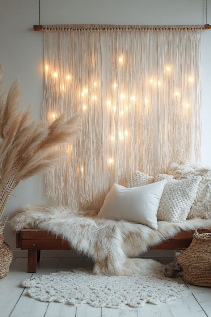 Boho-inspired wall decor with warm string lights, macramé backdrop, textured pillows, and faux fur throw on a wooden bench.