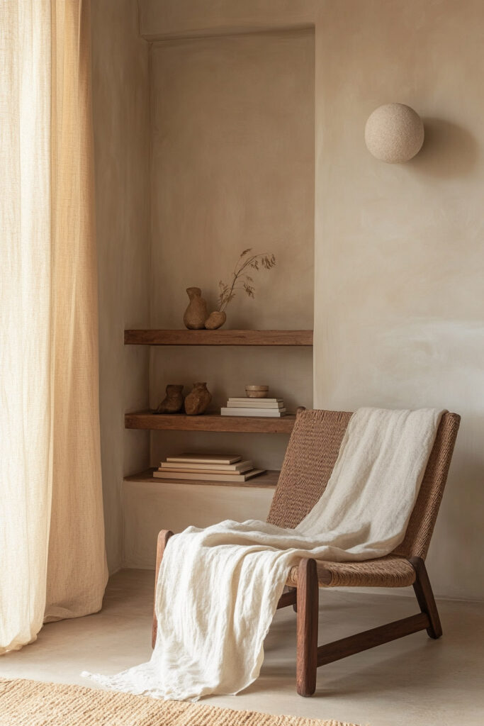 Neutral reading nook with a woven lounge chair, cream throw blanket, built-in wood shelves, and soft plaster walls in warm earthy tones.