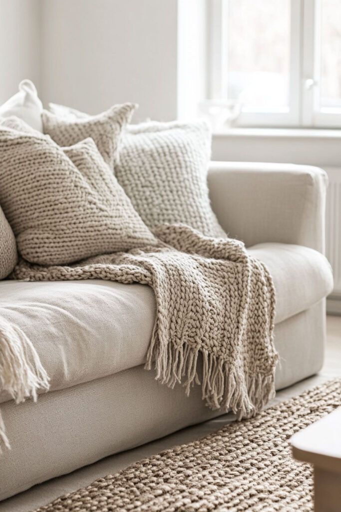 Close-up of a neutral beige sofa styled with chunky knit throw pillows and a cozy textured blanket in a minimalist living space.