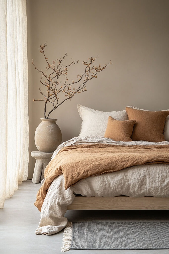 Earthy bedroom featuring rust-toned linen bedding, neutral throw pillows, a large ceramic vase with sculptural branches, and soft light filtering through sheer curtains.