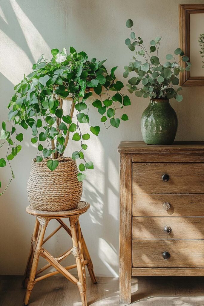 Earthy bedroom corner featuring a trailing plant in a woven basket planter on a bamboo stool, a green eucalyptus arrangement in a ceramic vase, and a rustic wood dresser in soft natural light.