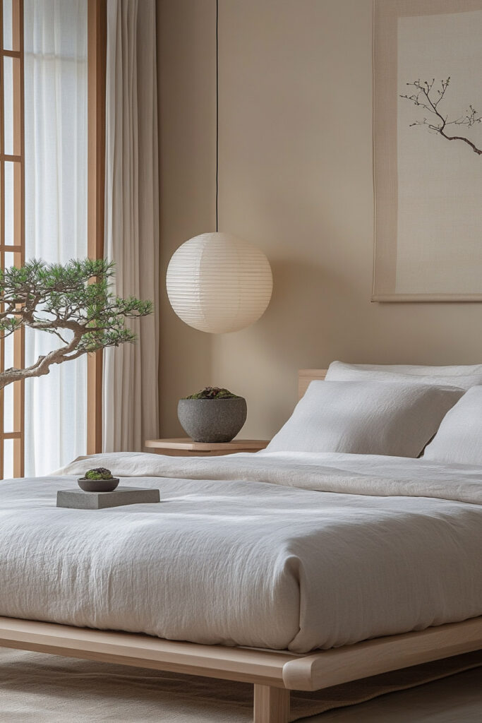 Earthy minimalist bedroom with a Japanese-inspired design, featuring a low wooden bed frame, neutral bedding, paper lantern pendant light, bonsai tree, and a serene natural color palette.