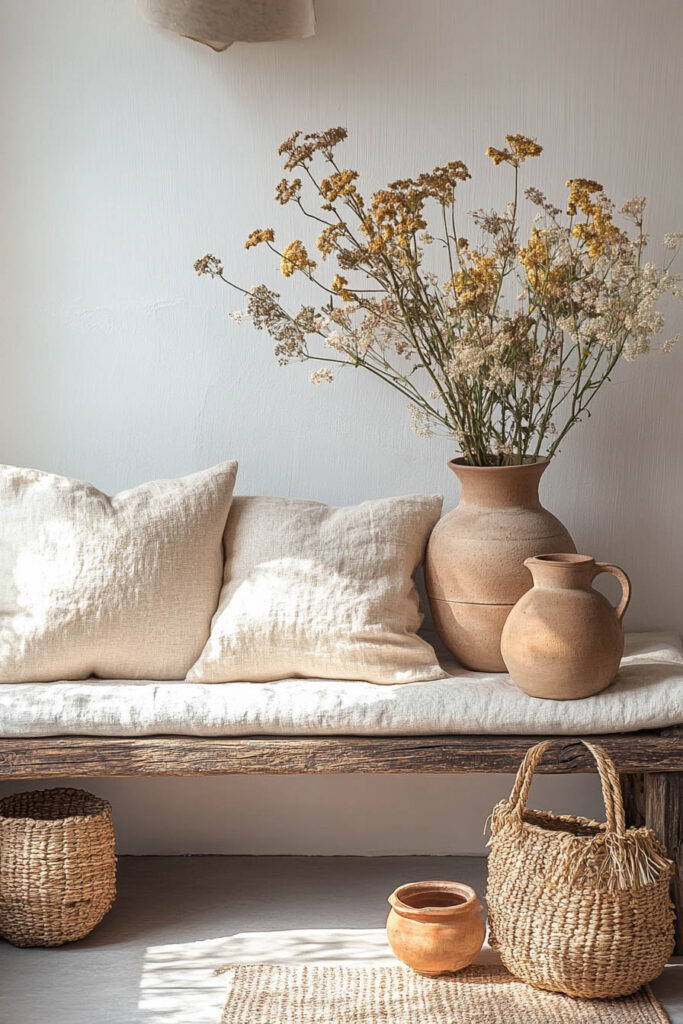 Neutral bedroom corner with a rustic wooden bench, cream linen cushions, terracotta vases with dried flowers, and woven baskets for earthy, minimalist decor.