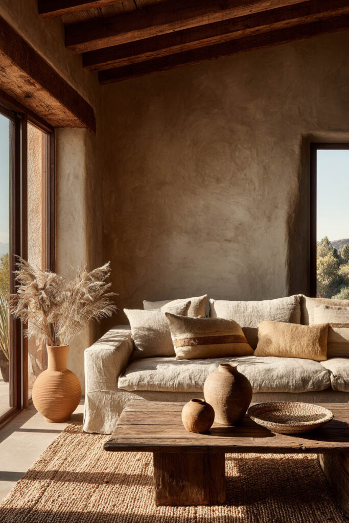 Earthy living room with a linen sofa, warm neutral pillows, rustic wood coffee table, terracotta vases, and natural light streaming through large windows.
