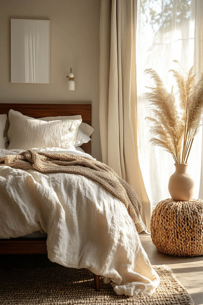Earthy minimalist bedroom featuring a low wood bed with natural linen bedding, a chunky knit throw, pampas grass in a ceramic vase, and soft sunlight filtering through beige curtains.