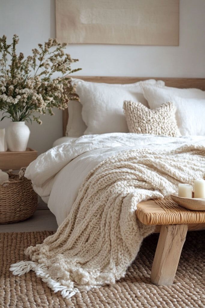 Earthy bedroom with chunky knit blanket, textured neutral bedding, and natural woven bench beside a rustic nightstand with fresh flowers.