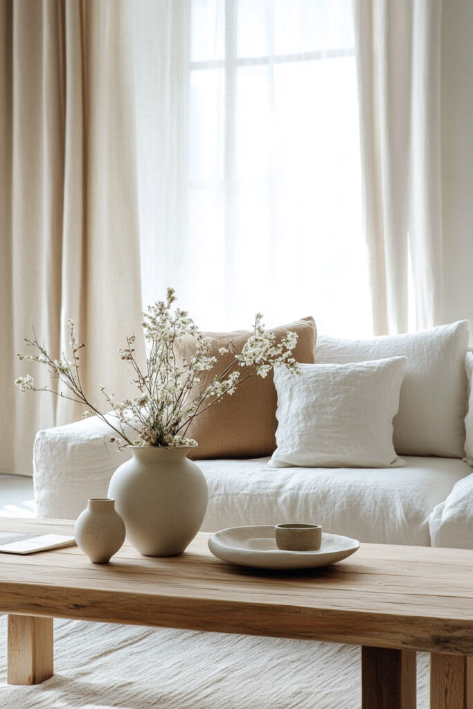 Minimalist living room with a light wood coffee table, ceramic vases, and a white linen sofa layered with soft white and tan pillows.