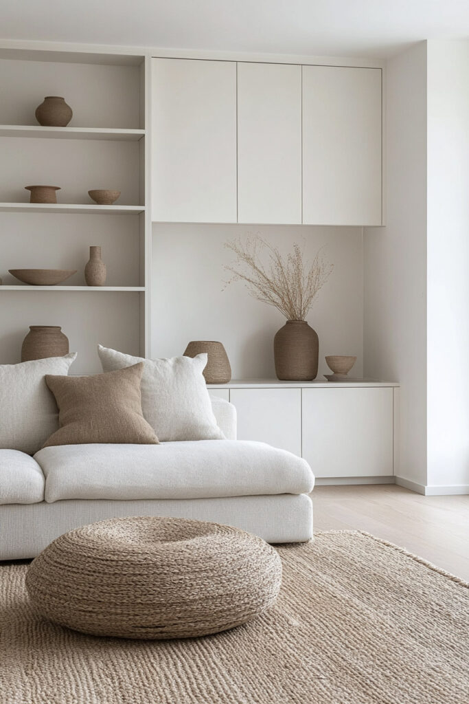 Bright minimalist living room with white built-in cabinets, natural pottery, a woven jute pouf, and soft white sectional sofa.