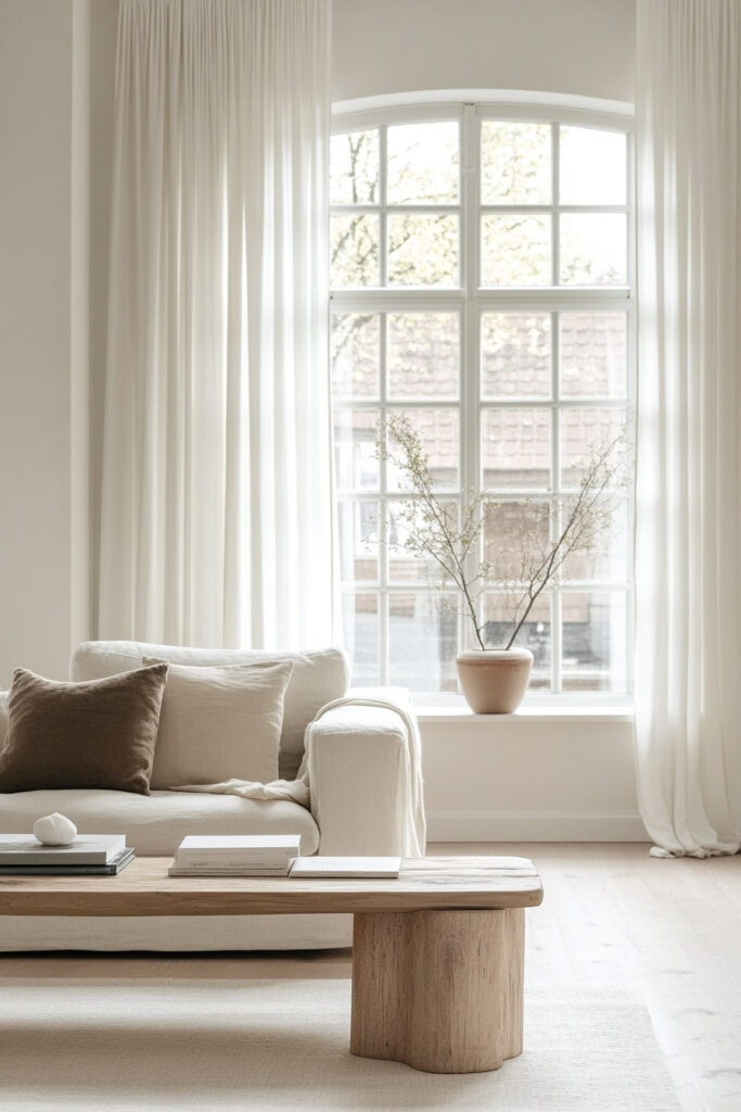 Scandinavian-inspired living room with white curtains, soft neutral sofa, and natural wood coffee table lit by a large arched window