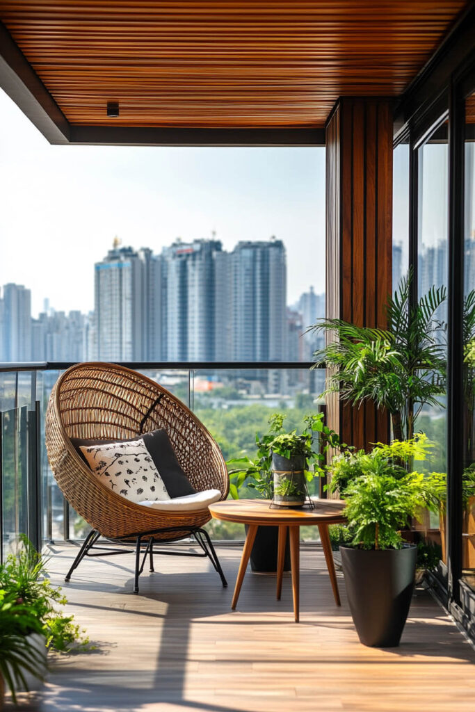 Modern balcony with rattan egg chair, wood-paneled ceiling, small round table, green potted plants, and city skyline in the background.