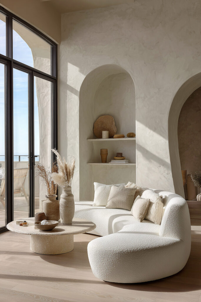 Bright neutral living room with sculptural curved sofa, textured pillows, arched wall niches styled with ceramics, and a round stone coffee table near tall windows.