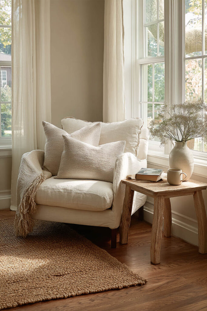 Neutral reading nook with a layered linen armchair, textured pillows, rustic wood side table, and natural light streaming through large windows, styled in warm earthy tones for a cozy minimalist feel.