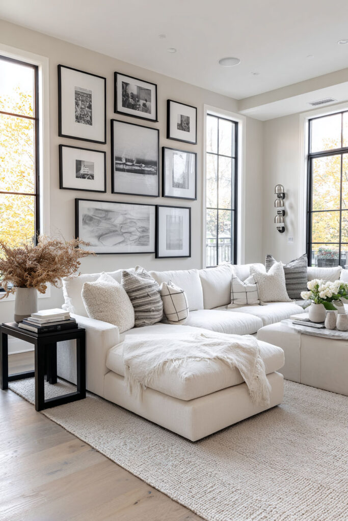 Bright neutral living room featuring a large white sectional sofa styled with textured pillows and a soft throw, a striking black frame gallery wall, and natural light streaming through tall windows.