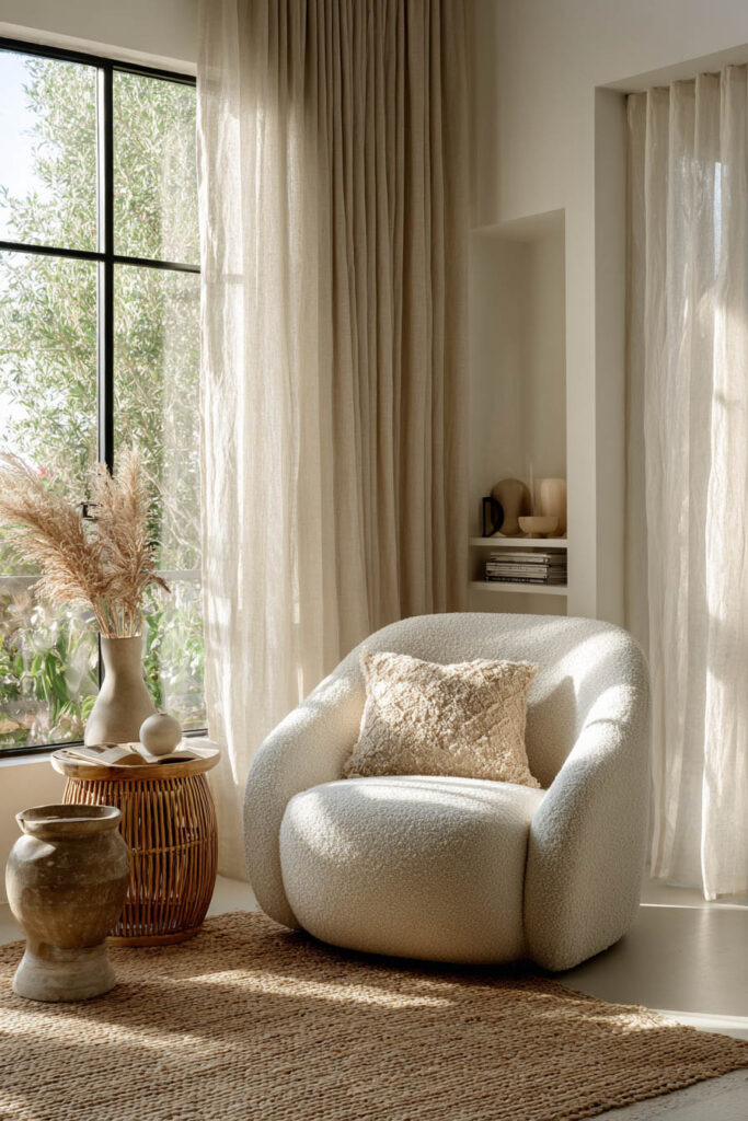 Neutral reading nook with a soft white boucle armchair, woven jute rug, rattan side table, and pampas grass in a ceramic vase, styled with layered textures and natural light streaming through sheer curtains.
