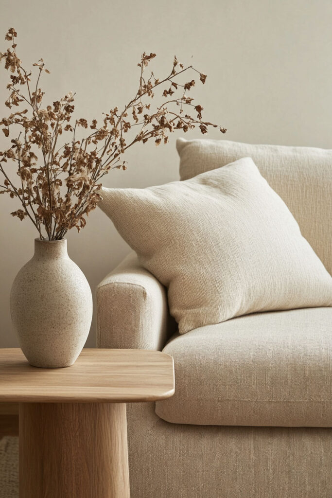 Close-up of a neutral beige sofa with a textured throw pillow and a ceramic vase with dried flowers on a wooden side table.