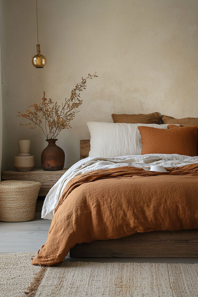 Warm earthy bedroom with burnt orange linen bedding, natural woven textures, and a rustic wooden bed frame, styled with clay vases and dried florals.