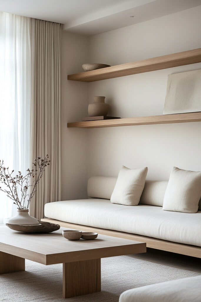 Minimalist living room with a light wood platform sofa, floating wood shelves, neutral decor, and soft natural lighting through curtains