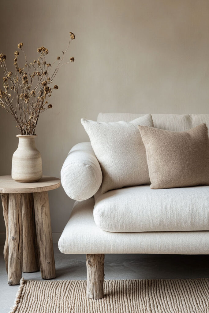 Minimalist cream-colored sofa with textured pillows, a rustic wood side table, and a ceramic vase filled with dried flowers on a woven rug.