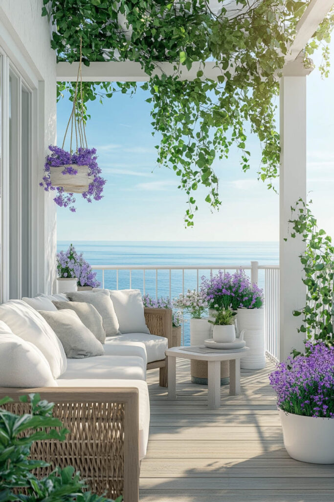 Coastal balcony with white sofa, neutral pillows, pergola with green vines, lavender flowers, ocean view, and light wooden flooring.