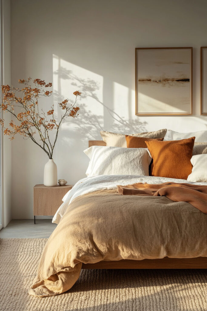Cozy bedroom styled with warm earth-toned bedding, rust-colored pillows, modern framed artwork, and sunlight casting shadows on the wall.