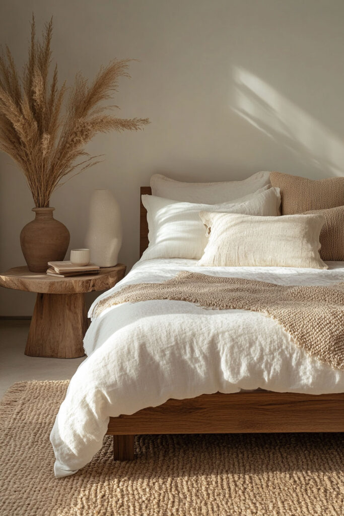 Earthy bedroom with neutral linen bedding, pampas grass in a clay vase, and a rustic wood side table in soft morning light.