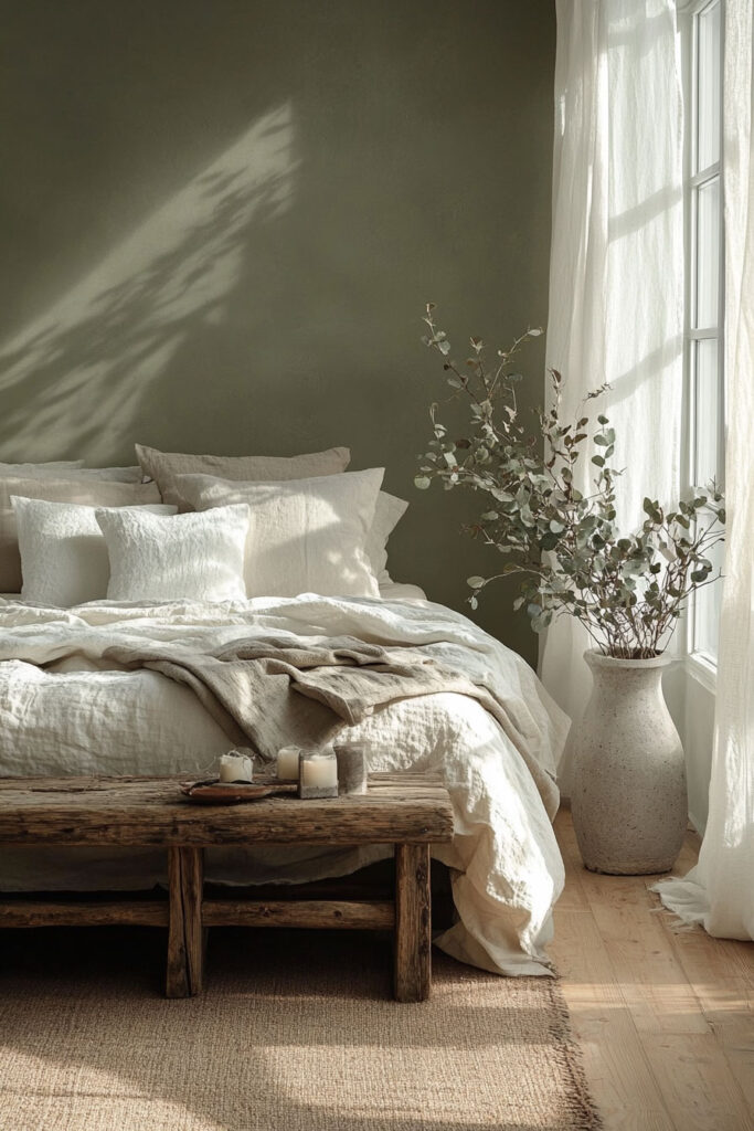 Earthy bedroom with a sage green wall, layered neutral linen bedding, rustic wood bench, eucalyptus in a ceramic vase, and natural sunlight through tall white curtains.