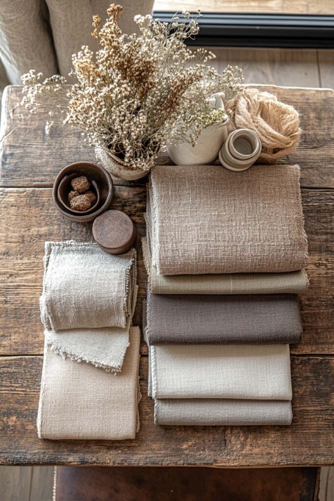 Flat lay of natural linen fabric samples in earthy tones, styled with dried flowers, ceramics, and rustic textures on a vintage wooden table.