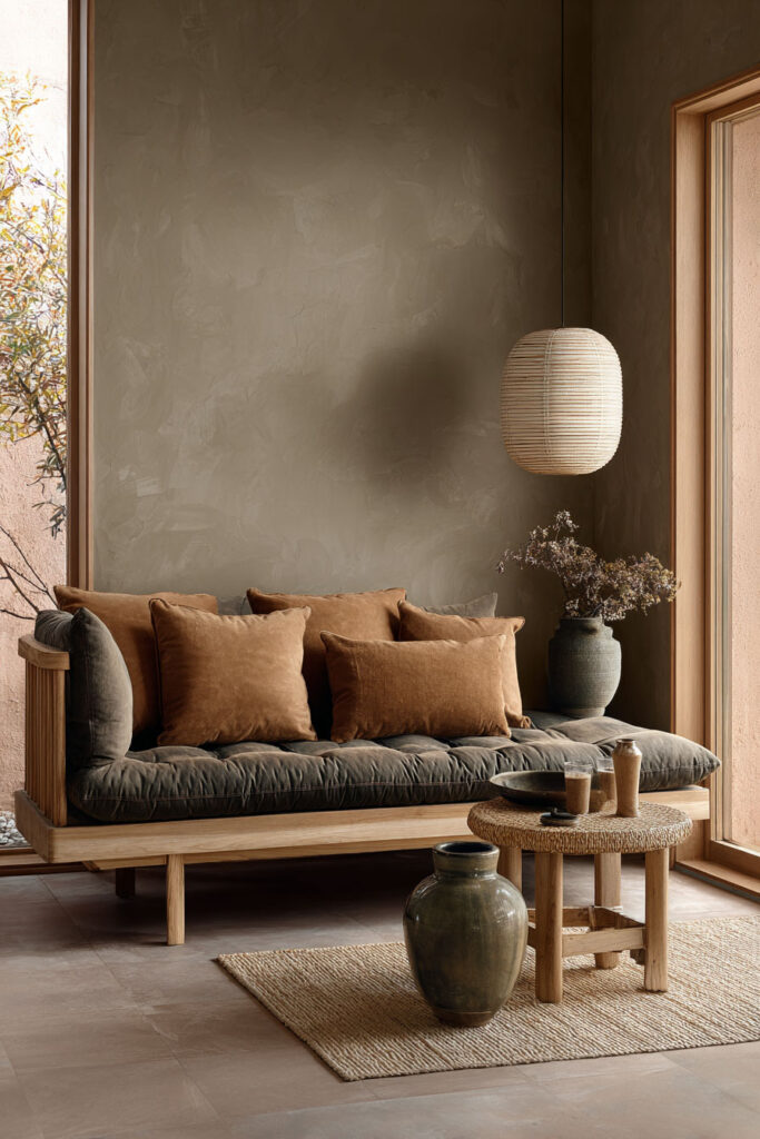 Earthy sitting nook with a wooden bench, charcoal cushion, warm tan pillows, a woven side table, pottery accents, and a neutral plaster wall.