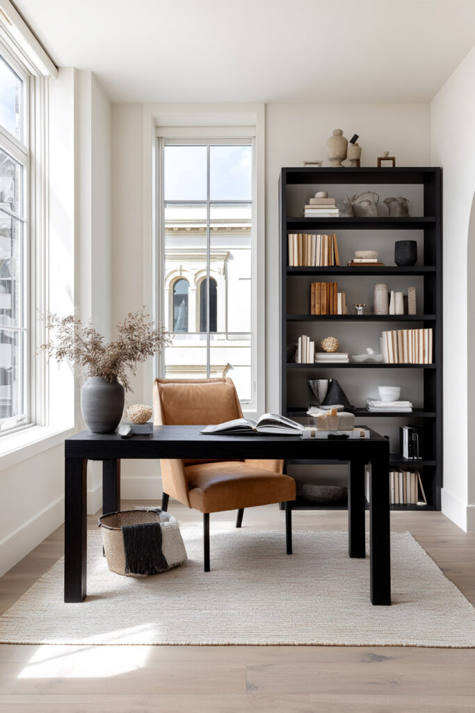 Minimalist home office with a black desk, tan leather accent chair, black built-in bookshelf styled with books and ceramics, and large windows bringing in natural light.
