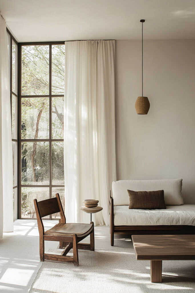 Bright minimalist living room with a wood-framed armchair, low bench-style sofa, earthy brown pillow, natural woven pendant light, and large black-framed windows with sheer curtains.