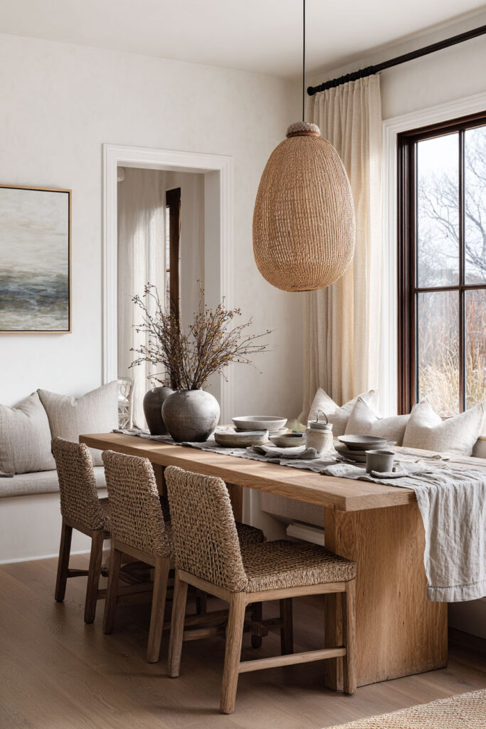 Neutral dining room with a natural wood table, woven chairs, a large rattan pendant light, and ceramic tableware, styled with layered textures and soft natural light from tall windows.