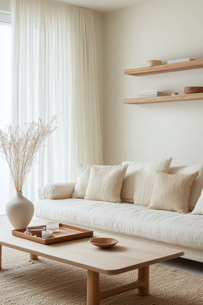 Minimalist neutral living room with a low wood coffee table, soft white sofa, dried floral arrangement, and floating wood shelves.
