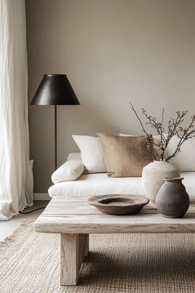 Minimal neutral living room with a white textured sofa, black floor lamp, earthy brown pillow, and rustic wooden coffee table with ceramics.