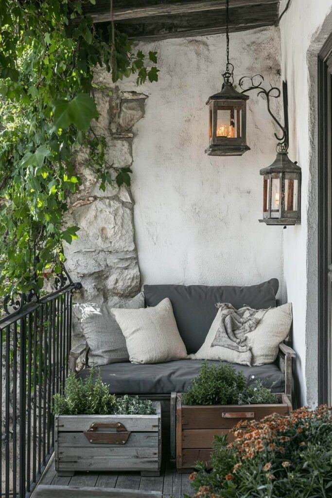 Rustic European cozy balcony with stone wall, wooden bench, dark gray cushions, vintage lanterns, wooden planter boxes, and ivy.