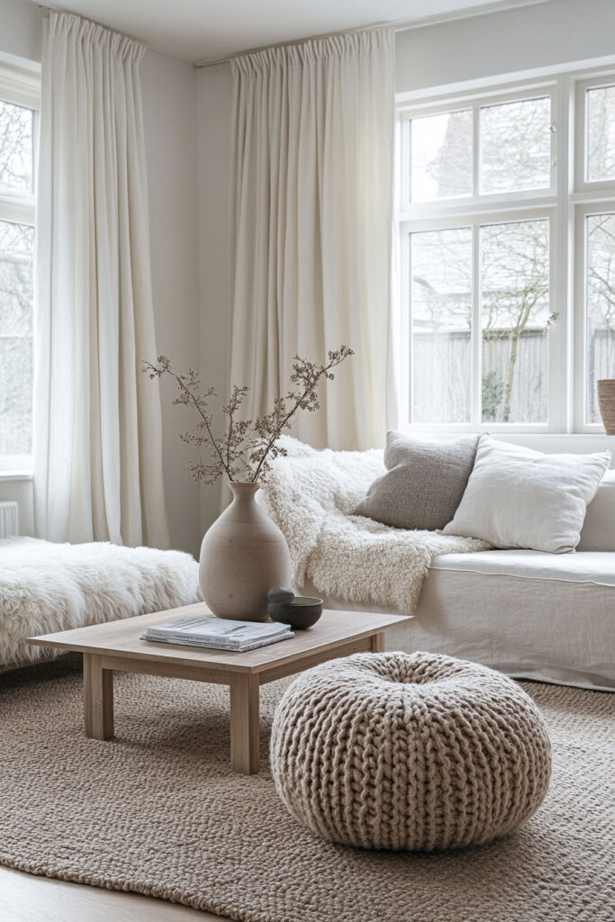 Neutral living room with layered textures featuring a chunky knit pouf, soft linen pillows, a boucle throw, and a low wood coffee table, styled in Scandinavian minimalist decor.