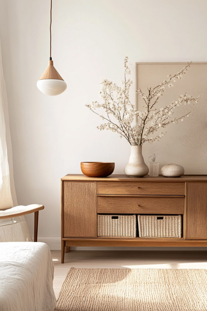 Scandinavian-style wood sideboard with woven baskets, cherry blossom stems, and minimalist decor in a bright, cozy room.