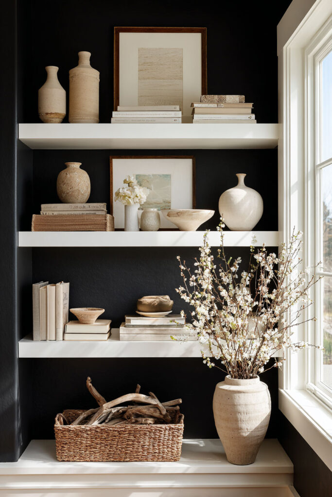 Built-in white shelves styled with neutral pottery, books, and framed art against a black accent wall, with a woven basket of driftwood and a large ceramic vase of white flowers.