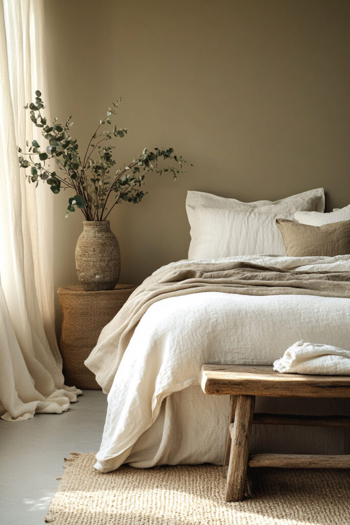Earthy bedroom with an olive-toned wall, soft linen bedding in neutral tones, eucalyptus branches in a ceramic vase, and a rustic wooden bench on a woven rug.