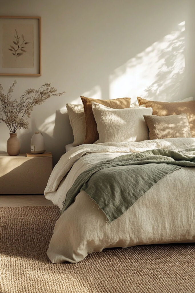 Neutral-toned bedroom featuring layered cream and brown pillows, a sage green throw blanket, soft natural lighting, and minimalist decor.