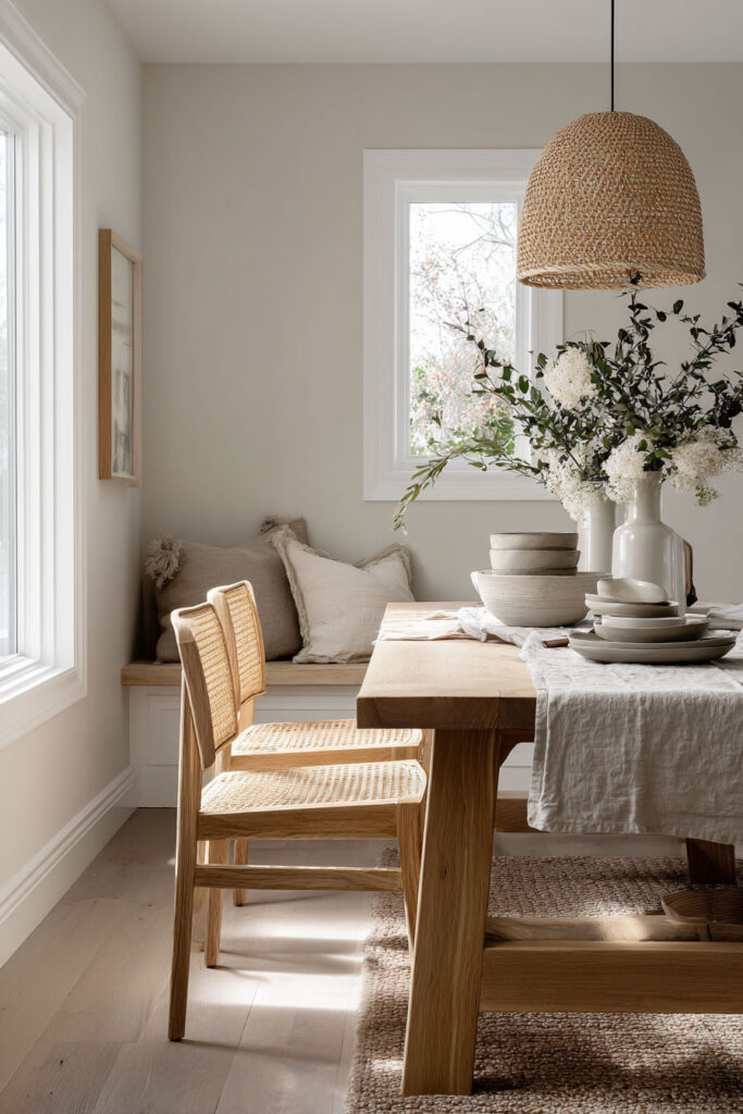 Neutral dining room with a natural wood table, rattan chairs, ceramic tableware, and a woven pendant light, styled with soft neutral textiles and bright natural light from large windows.