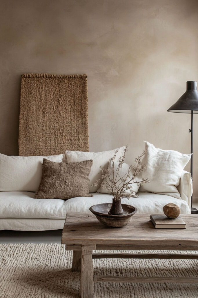 Neutral-toned living room with a white sofa, brown textured pillow, rustic coffee table, and layered ceramic and wood accents under a black floor lamp.