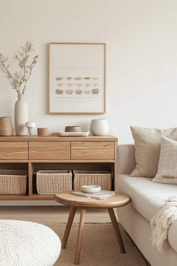 Neutral-toned living room featuring a wood sideboard with woven baskets, ceramic decor, and a cozy beige sofa.