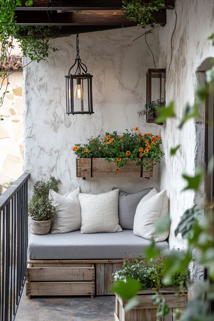 Rustic Mediterranean cozy balcony with stucco walls, built-in bench, gray cushions, wooden planters, orange flowers, and wrought iron lantern.