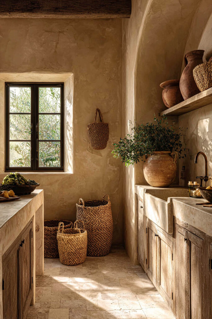 Rustic earthy kitchen featuring plaster walls, wooden cabinets, large pottery, woven baskets, and warm natural light through a small window.