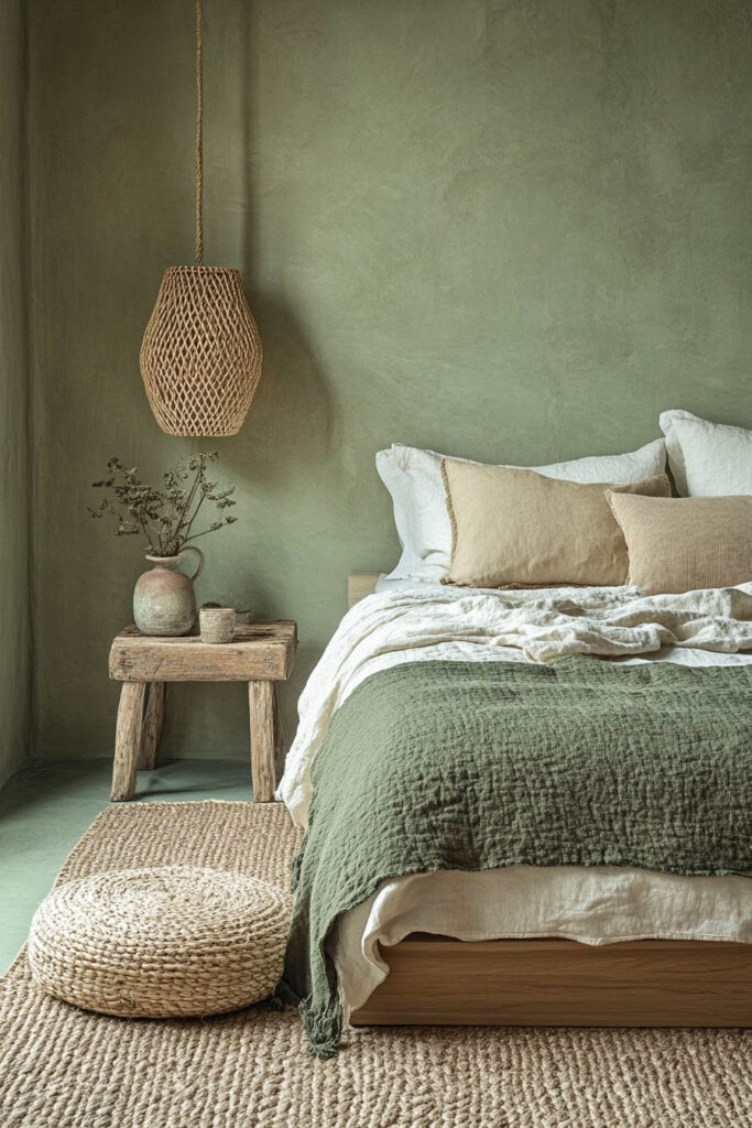 Earthy bedroom featuring sage green walls, a natural wood nightstand, woven rug, and linen bedding in green and neutral tones.