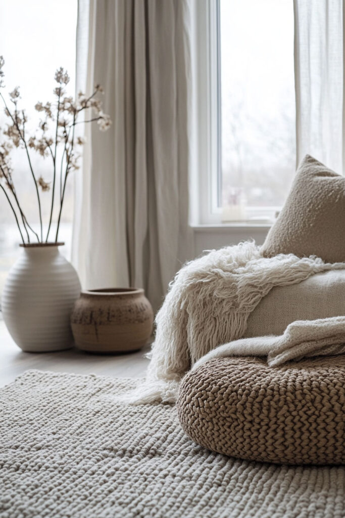 Close-up of a Scandinavian-inspired living space with a large knitted floor cushion, soft textured throw blanket, neutral pillows, and ceramic vases near a window with sheer curtains.