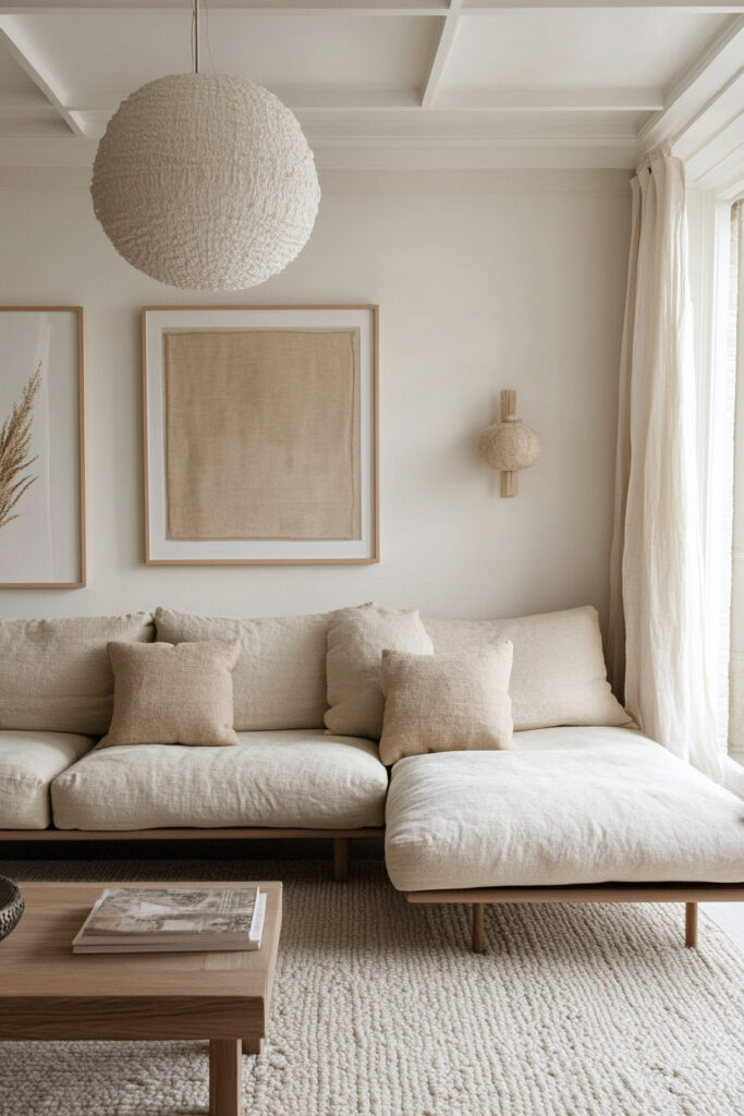 Scandinavian-inspired neutral living room with a linen sectional, light wood coffee table, cozy boucle pendant light, and natural wall art.