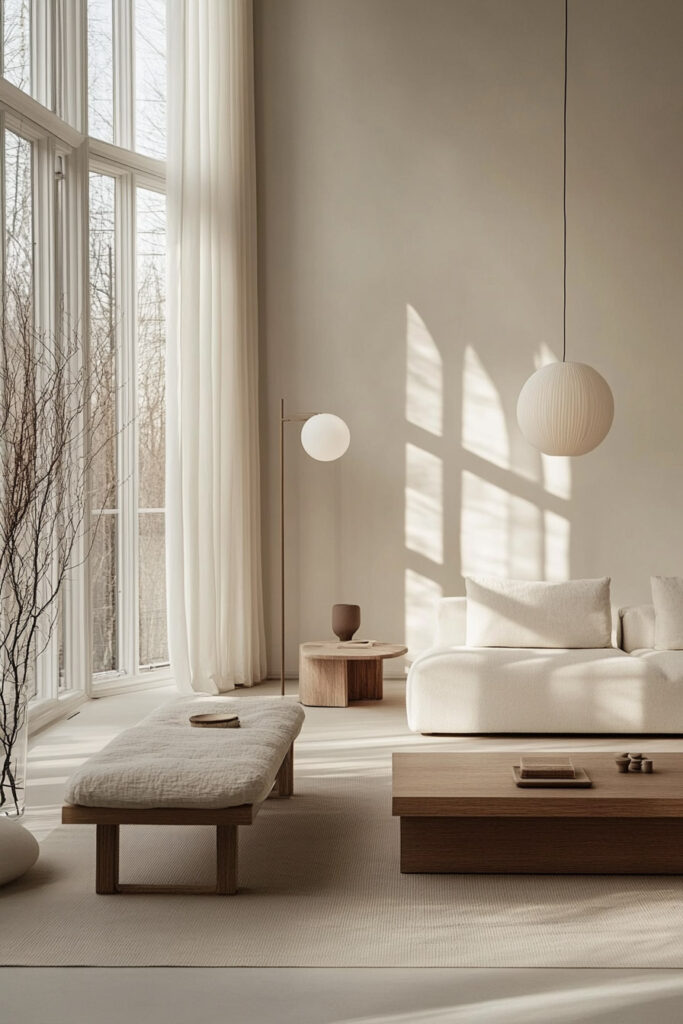 Modern minimalist living room with oversized windows, low wood coffee table, white sofa, and soft sculptural lighting casting natural shadows on the wall.