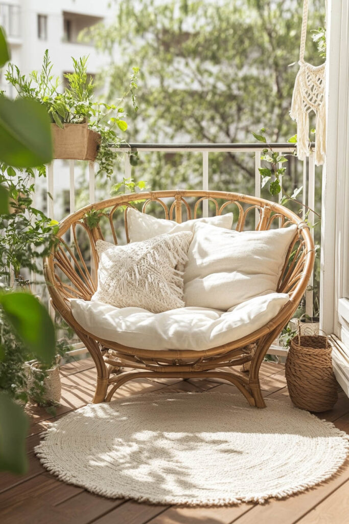 Bright cozy balcony with rattan chair, white cushions, macrame pillow, woven rug, climbing vines, and potted greenery.